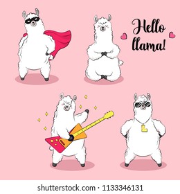 Cute lama, doodle vector illustration. Collection of cartoon characters, stickers, patches