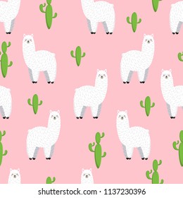 Cute lama, doodle vector illustration. Collection of cartoon characters, stickers, patches. Seamless background, wallpaper, pattern, texture