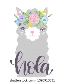 Cute Lama face in floral wreath and lettering text Hola - hello on spanish. Childish print for fabric, t-shirt, poster, card, baby shower. Vector Illustrtion