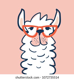 Cute Lama face with glasses. Childish print for fabric, t-shirt, poster, card, baby shower. Vector Illustrtion