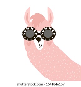 Cute Lama face in glasses. Childish print for fabric, t-shirt, poster, card, baby shower. Vector Illustrtion