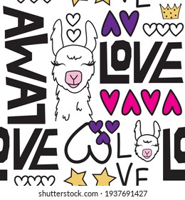 Cute lama face with hearts and love lama text seamless pattern. Can be used for textile,  background, book cover, packaging.