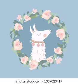 Cute Lama face. Llama cartoon alpaca. Llama animal vector isolated illustration. Design for card, sticker, fabric textile, t-shirt. Children, child of modern trendy style 