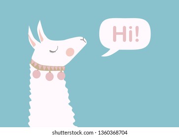 Cute Lama face. Llama cartoon alpaca. Llama animal vector isolated illustration. Design for card, sticker, fabric textile, t-shirt. Children, child of modern trendy style 