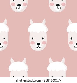 Cute lama face seamless pattern, alpaca muzzle, head.   Cartoon vector illustration. Girl texture, background, wallpapers, ornament. Childish design of wrapping paper, fabric, textile, graphic, print