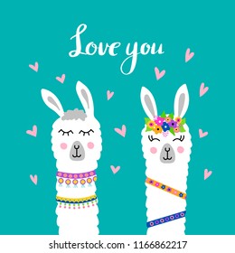 Cute Lama faces. Happy Valentine's Day. Vector illustration with llama for poster, case, textile, invitation etc.