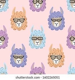 Cute lama faces seamless pattern. Vector background with llama alpaca.