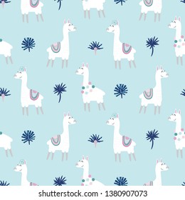 Cute lama farm animal on blue background.
