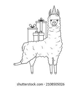 Cute lama in a festive hat and with gifts on his back. Illustration for coloring books