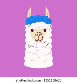 Cute Lama with flowers on the head. Print for fabric, t-shirt, poster. Vector illustration
