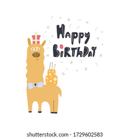 Cute Lama with gift box on the head and cake. Hand drawn lettering Happy Birthday. Greeting card design. Flat vector illustration.