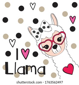 cute lama with glasses on polka dots background vector illustration