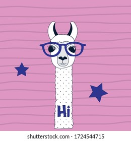 cute lama with glasses on striped background, T-shirt graphics design