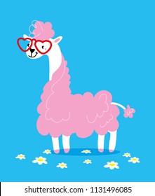 Cute Lama In Glasses In Shape Of A Heart With Pink Hair On A Blue Background. Vector Illustration. Hand Draw. Use As Illustration For A Childrens Book Postcard Sticker Character Prototype Of Toy.