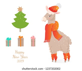 Cute Lama in a hat and scarf with Christmas symbols