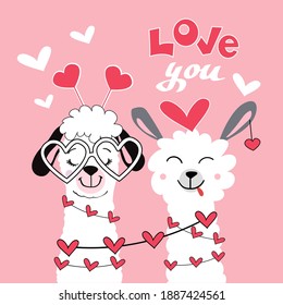 Cute lama with a heart. Couple for valentine's day. Inscription Love you on a pink background. Vector illustration of cartoon funny animals