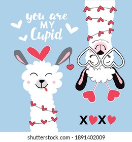 Cute lama with a heart. Couple for valentine's day. Inscription you are my cupid. Vector illustration of cartoon funny animals