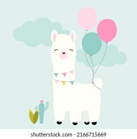 Cute Lama holding balloons and banners for a party with cactusses and clouds