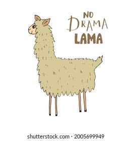 Cute Lama with lettering no drama Lama Cartoon Animal baby and children print design Vector Illustration.