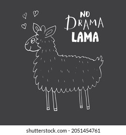 Cute Lama with lettering no drama Lama Cartoon Animal baby and children print design Vector Illustration.