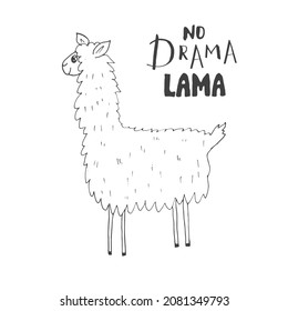 Cute Lama with lettering no drama Lama Cartoon Animal baby and children print design Vector Illustration.