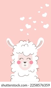 Cute lama and many hearts for valentine's day . Vector illustration of cartoon funny animal on a pink background