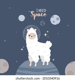 Cute lama on a space. Kind llama on a space vector background. Stars, heart, planet, moon, alpaca. Postcard, poster, clothing, fabric, wrapping paper.