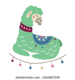 Cute lama on a white background. Funny animal. Alpaca for children's room design and textiles. Vector illustration