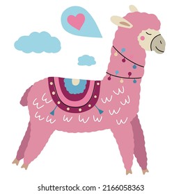 Cute lama on a white background. Funny animal. Alpaca for children's room design and textiles. Vector illustration