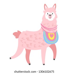 Cute lama. Pink color alpaca animal with traditional knitted decorations with heart. Vector illustration, isolated on white background. Design for poster, sticker or t-shirt.