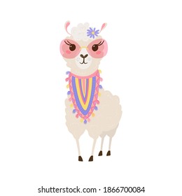 Cute lama with pink glasses in pastel colors isolated on white background . Funny baby animal. Alpaca for your child's room design. Vector illustration