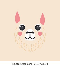 Cute lama portrait square smile head cartoon round shape alpaca avatar animal face, isolated vector icon illustration. Flat simple hand drawn for kids poster, app UI cards, t-shirts, baby clothes