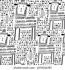 Cute lama prince with cactus seamless pattern on white background. Great for fabric, textile Vector Illustration. Childish seamless pattern.