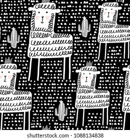 Cute lama prince with cactus seamless pattern on black background. Perfect for fabric, textile. Vector background. Black and white pattern.