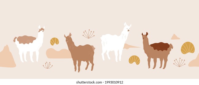 Cute lama. Seamless pattern with alpaca, abstract hills, grass, domestic animals. Vector illustration for packaging, textile, wallpaper. Natural brown colors. Desert landscape.