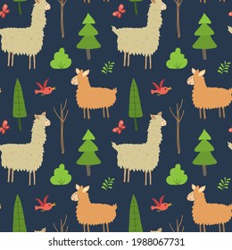 Cute Lama Seamless pattern. Cartoon Animals in forest background. Vector illustration.
