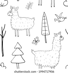 Cute Lama Seamless pattern. Cartoon Animals in forest background. Vector illustration.