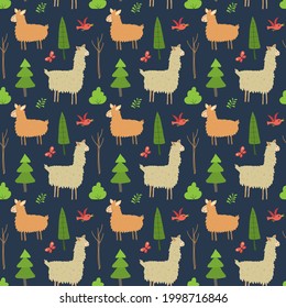 Cute Lama Seamless pattern. Cartoon Animals in forest background. Vector illustration.