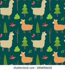 Cute Lama Nahtlose Muster. Cartoon Tiere auf Waldhintergrund. Vektorgrafik.