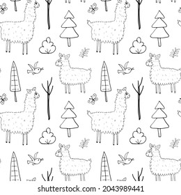 Cute Lama Seamless pattern. Cartoon Animals in forest background. Vector illustration.