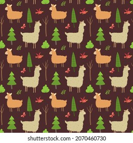 Cute Lama Seamless pattern. Cartoon Animals in forest background. Vector illustration.