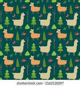 Cute Lama Seamless pattern. Cartoon Animals in forest background. Vector illustration.