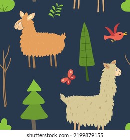 Cute Lama Seamless pattern. Cartoon Animals in forest background. Vector illustration.