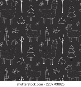 Cute Lama Seamless pattern. Cartoon Animals in forest background. Vector illustration.