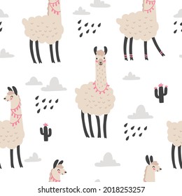 Cute lama seamless pattern. Kids background with llamas for textile, fabric, gift paper. Hand drawn vector illustration in trendy style