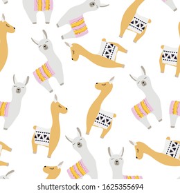 Cute lama seamless pattern on white background. Baby animal illustration for kids. Child drawing style lama. Design for fabric, wallpaper, textile and decor.