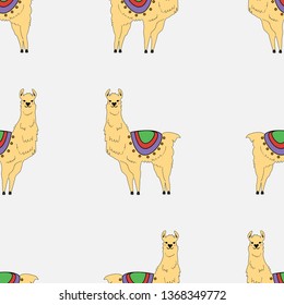 Cute lama seamless pattern. Shy alpaca vector illustration. Hand drawn doodle