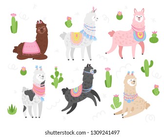 Cute lama set. Colorful Alpaca animal with traditional knitted decorations. Vector illustration, isolated on white background with cactus. Design for poster, sticker or t-shirt.