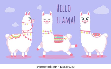 Cute lama set, doodle vector illustration. Collection of cartoon characters, stickers, patches with phrase hello lama