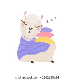 Cute lama sleeping on the pillows in pastel colors isolated on white background . Funny baby animal. Alpaca for your child's room design. Vector illustration